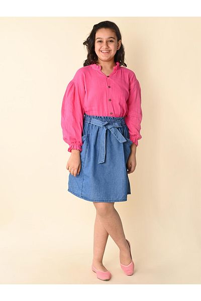 LilPicks By Styli Puff Sleeves Buttoned Top with Denim Skirt Set