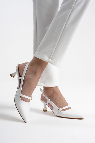 MASSOLE Women's White Leather 5 cm Open Back Stiletto Special Design Heel Imported Buckle Stylish Comfortable New Season