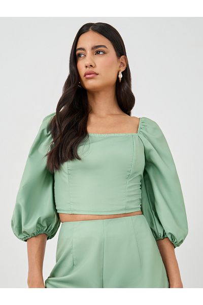 Styli Balloon Sleeve Square Neck Crop Top and Pants Co-Ords