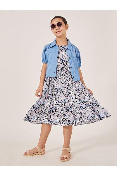 Styli All-Over Print Strappy Dress with Plain Jacket