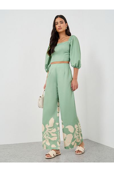 Styli Balloon Sleeve Square Neck Crop Top and Pants Co-Ords