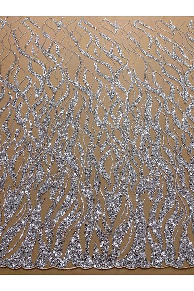 Luxuro Silver Couture Lace with Nude Tulle with Strings, Beads and Sequins