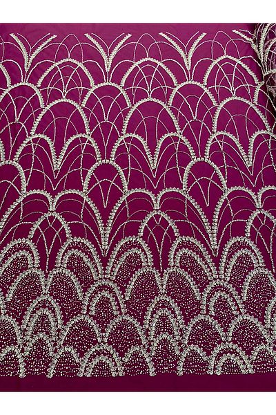 Luxuro Silver Couture Lace with Dark Magenta Tulle with Geometric Pattern, with Pearls, Beads and Sequins