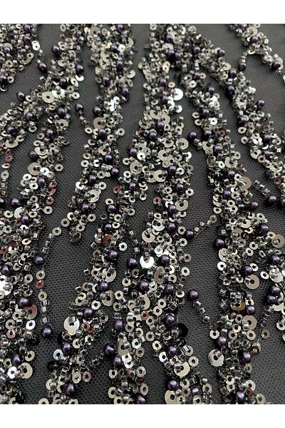 Luxuro Anthracite Grey Couture Lace with Pearls, Beads and Sequins