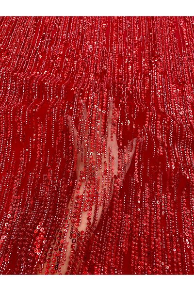 Luxuro Red Couture Lace with Linear Pattern, Beads and Sequins