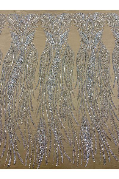 Luxuro Silver Couture Lace on Nude Tulle with Panel, with Pearls, Beads and Sequins