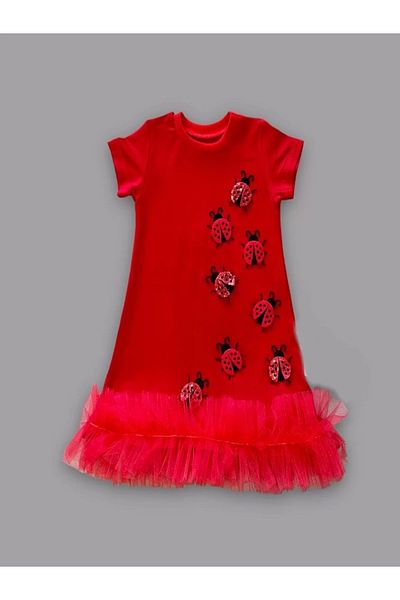ALFA AKSESUAR 03 1-2-3 Years Old Ladybug Embroidered Ruffle Tip Girl Kids Gilet Dress Red