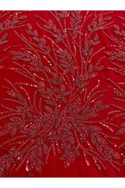 Luxuro Red Couture Lace with Floral Pattern, Pearls, Beads and Sequins