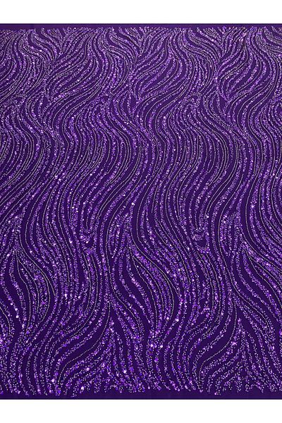 Luxuro Dark Purple Couture Lace with Linear Pattern, Beads and Sequins