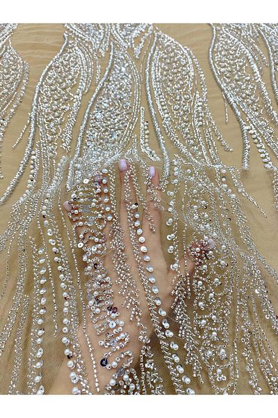 Luxuro Silver Couture Lace on Nude Tulle with Panel, with Pearls, Beads and Sequins