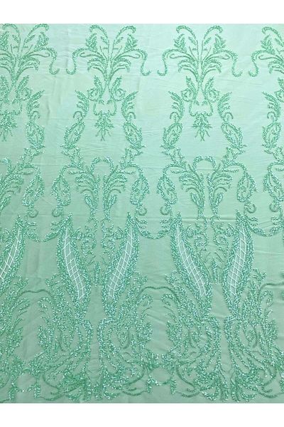 Luxuro Mint Green Couture Lace with Geometric, Beads and Sequins