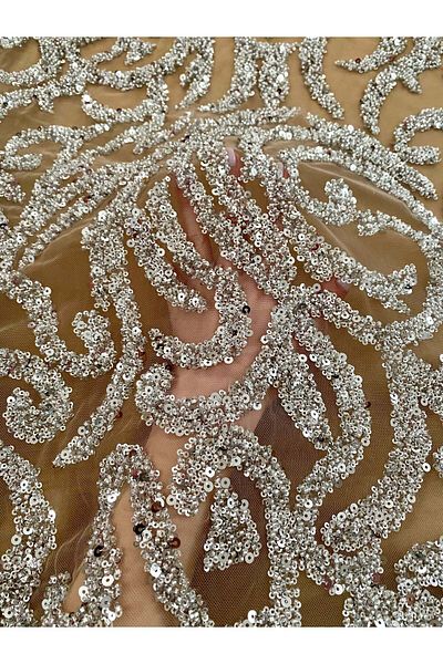 Luxuro Silver Couture Lace with Nude Tulle with Beads and Sequins