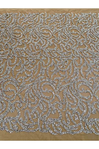 Luxuro Silver Couture Lace with Nude Tulle with Beads and Sequins