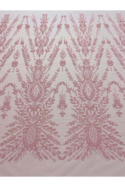 Luxuro Salmon Pink Couture Lace with Symmetrical Pattern, Beads and Sequins
