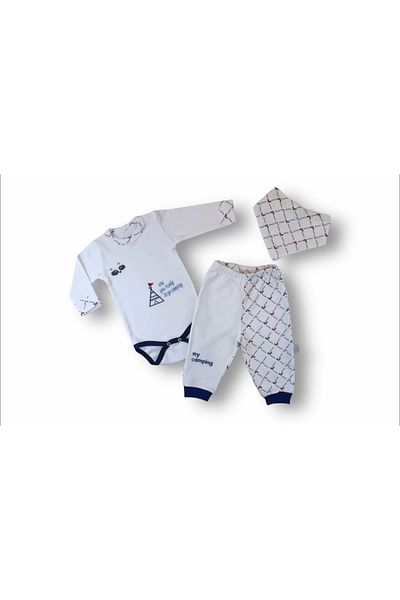 ALFA AKSESUAR 03 3-6 6-9 9-12 Months My Camping Embroidered Bandage Long Sleeve Bodysuit 3-Piece Baby Boy Set Ecru