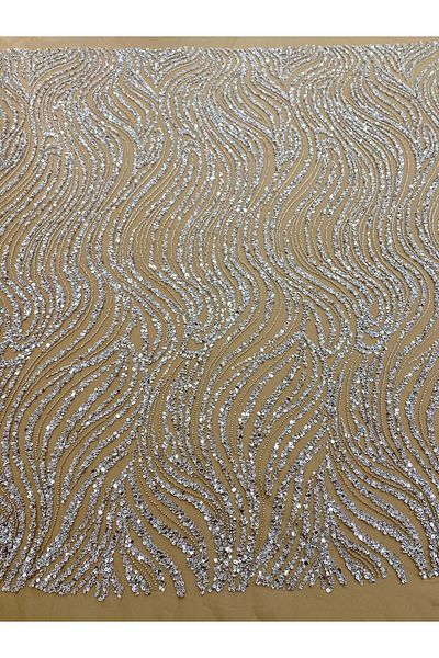 Luxuro Couture Lace Silver with Nude Tulle with Linear Pattern, with Beads and Sequins