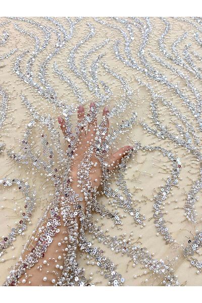 Luxuro Silver Couture Lace with Nude Tulle with Pearls, Beads and Sequins