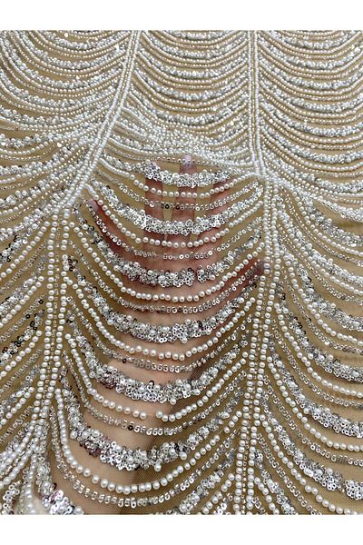 Luxuro Silver Couture Lace on Nude Tulle with Geometric Pattern, with Pearls, Beads and Sequins