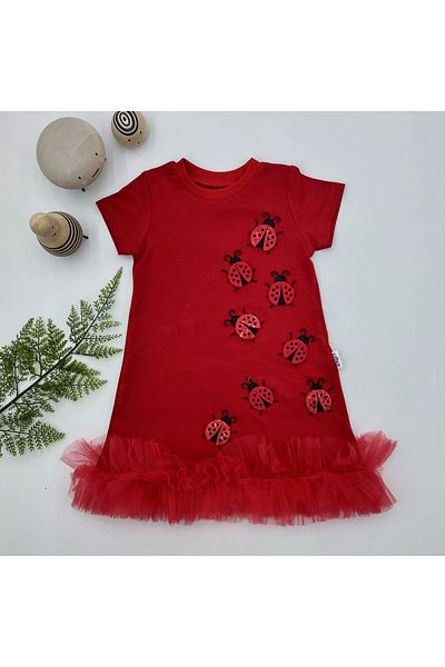 ALFA AKSESUAR 03 1-2-3 Years Old Ladybug Embroidered Ruffle Tip Girl Kids Gilet Dress Red