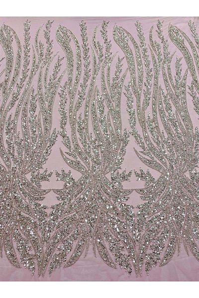 Luxuro Silver Couture Lace on Pink Tulle with Panel, with Pearls, Beads and Sequins