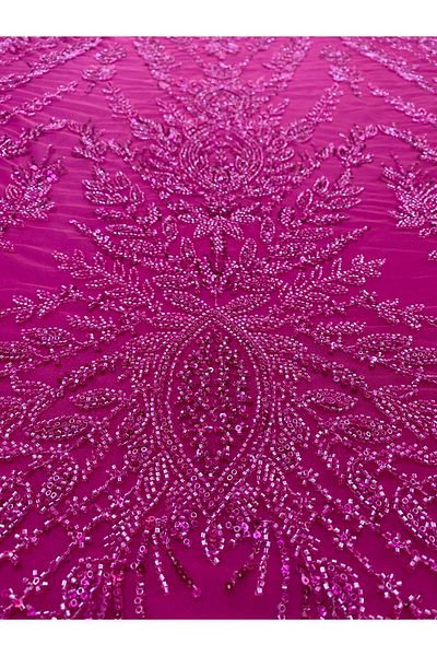 Luxuro Fuchsia Couture Lace with Symmetrical Pattern, Beads and Sequins