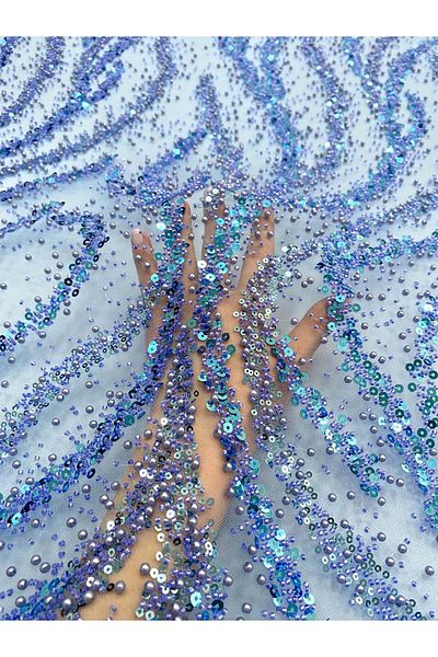 Luxuro Sky Blue Couture Lace with Pearls, Beads and Sequins