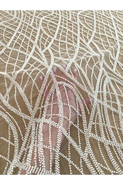 Luxuro Ivory Couture Lace with Linear Pattern, Beads and Sequins
