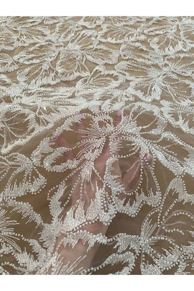 Luxuro Ivory Couture Lace with Floral Pattern, Beads and Sequins