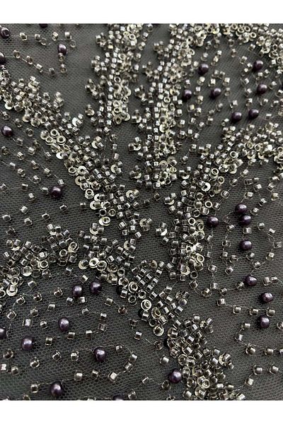 Luxuro Anthracite Grey Couture Lace with Geometric Pattern, with Pearls, Beads and Sequins