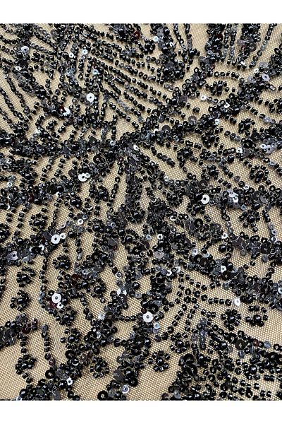 Luxuro Black Couture Lace with Panel, with Pearls, Beads and Sequins