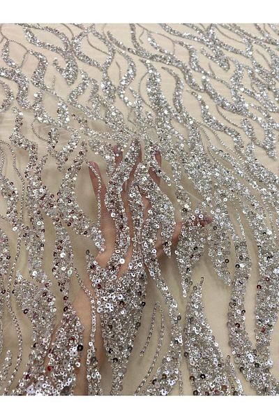 Luxuro Silver Couture Lace with Strings, Beads and Sequins