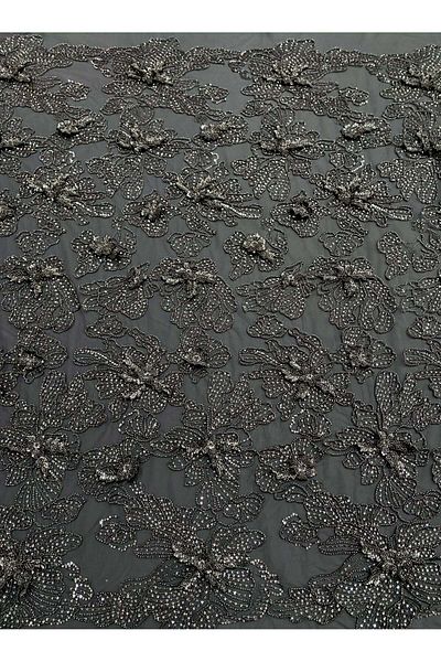 Luxuro Couture 3D Lace with Anthracite Grey Flowers with Beads and Sequins
