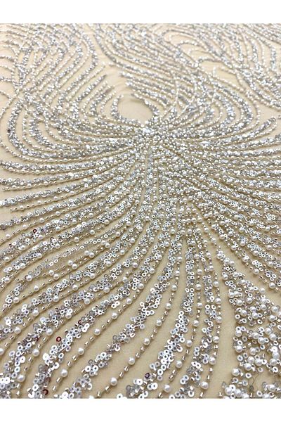 Luxuro Silver Couture Lace with Nude Tulle Panel, with Pearls, Beads and Sequins