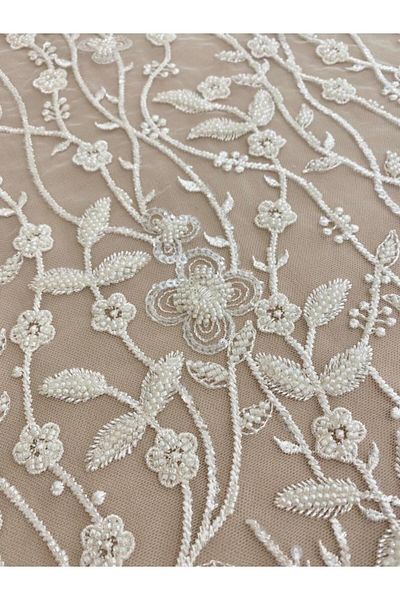 Luxuro Ivory Lace with Floral Pattern, Beads and Sequins