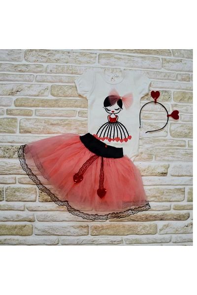 ALFA AKSESUAR 03 9-12-18 Months Heart Girl Embroidered Crown Short Sleeve Tutu Skirt 3-Piece Girl Baby Set Pomegranate Flower