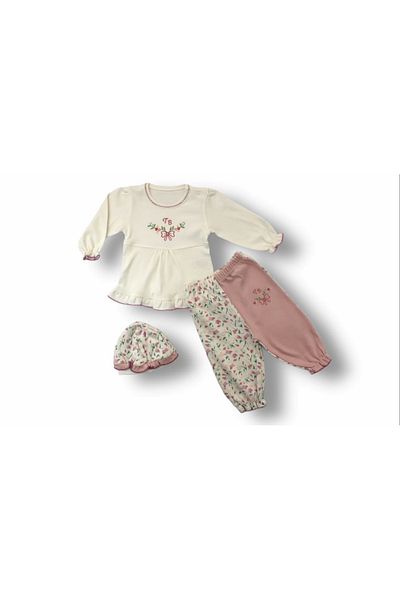 ALFA AKSESUAR 03 3-6 6-9 9-12 Months Tb Flower Embroidered Hat Long Sleeve Sweatshirt 3-Piece Baby Girl Set Ecru