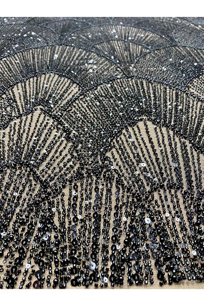 Luxuro Black Couture Lace with Geometric Pattern, with Pearls, Beads and Sequins