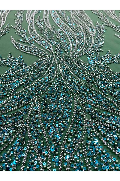Luxuro Emerald Green Couture Lace with Panel, with Pearls, Beads and Sequins