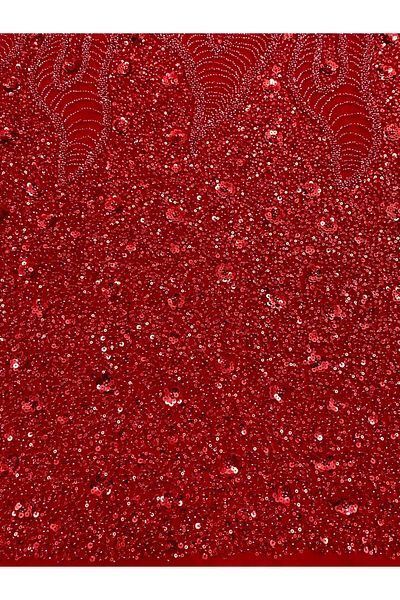 Luxuro Red Couture Lace with Geometric and Floral Pattern, with Beads and Sequins