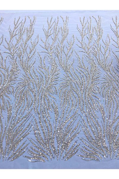Luxuro Silver Couture Lace with Baby Blue Tulle with Strings, Beads and Sequins