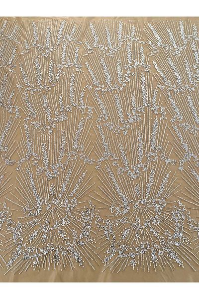 Luxuro Silver Couture Lace on Nude Tulle with Geometric Pattern, Beads and Sequins