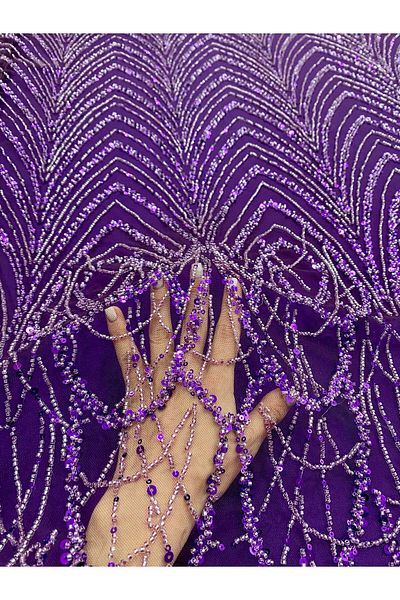 Luxuro Dark Purple Couture Lace with Geometric Pattern with Beads and Sequins