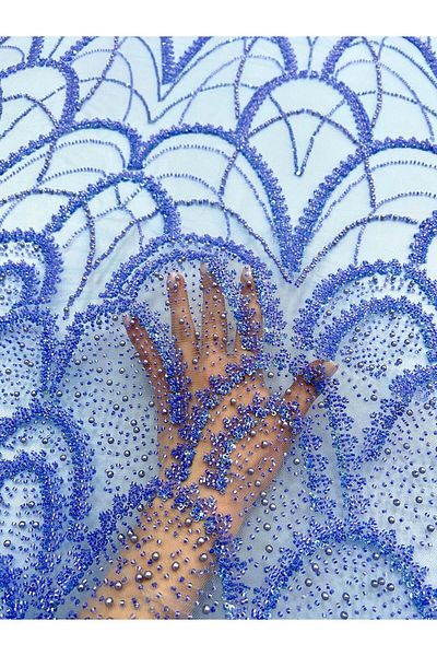 Luxuro Sky Blue Couture Lace with Geometric Pattern, with Pearls, Beads and Sequins