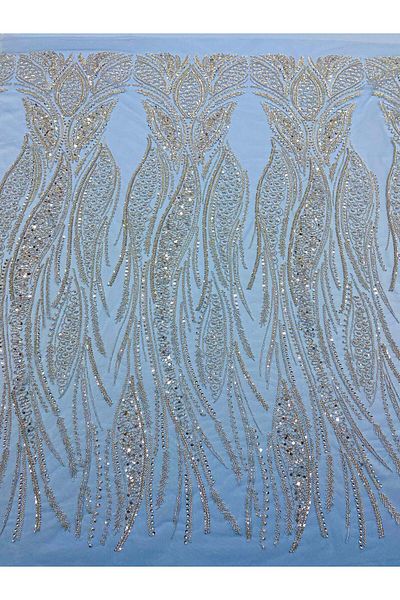 Luxuro Silver Couture Lace on Baby Blue Tulle with Panel, with Pearls, Beads and Sequins
