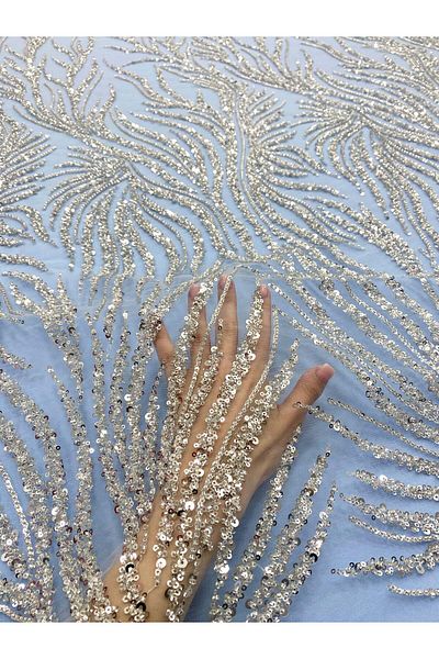 Luxuro Silver Couture Lace with Baby Blue Tulle with Strings, Beads and Sequins