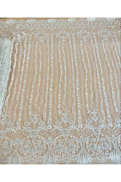 Luxuro Lace with Linear Pattern with Flowers, Pearls and Sequins