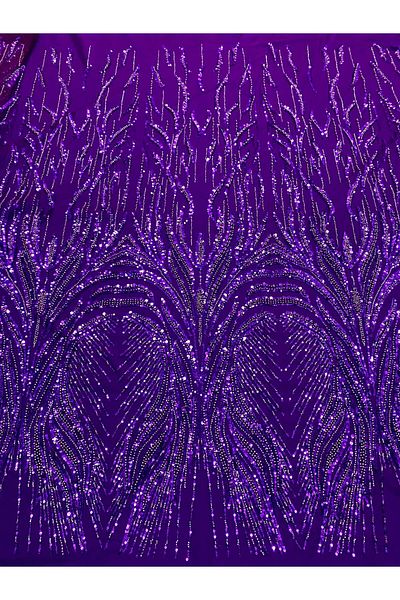 Luxuro Dark Purple Couture Lace with Geometric Pattern, with Pearls, Beads and Sequins