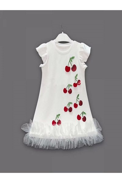 ALFA AKSESUAR 03 1-2-3 Years Sequined Cherry Embroidered Skirt Ruffled Gilet Girl's Dress White