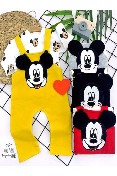 ALFA AKSESUAR 03 3-6-9-12 Months Mickey Figured Long Sleeve Printed Sweatshirt Set of 2 Baby Girl and Boy Salopet Gray