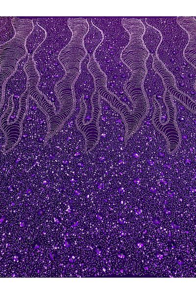 Luxuro Dark Purple Couture Lace with Geometric and Floral Pattern, with Beads and Sequins